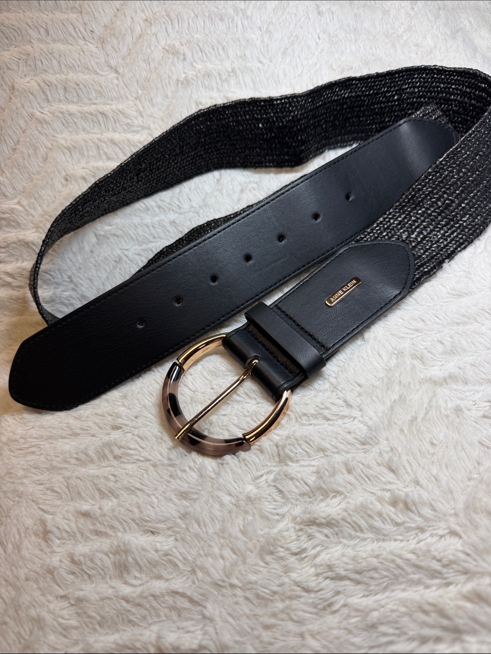 Anne Klein black stretch woven vegan belt 2X / 3X. Beautiful Gold Buckle NWOT